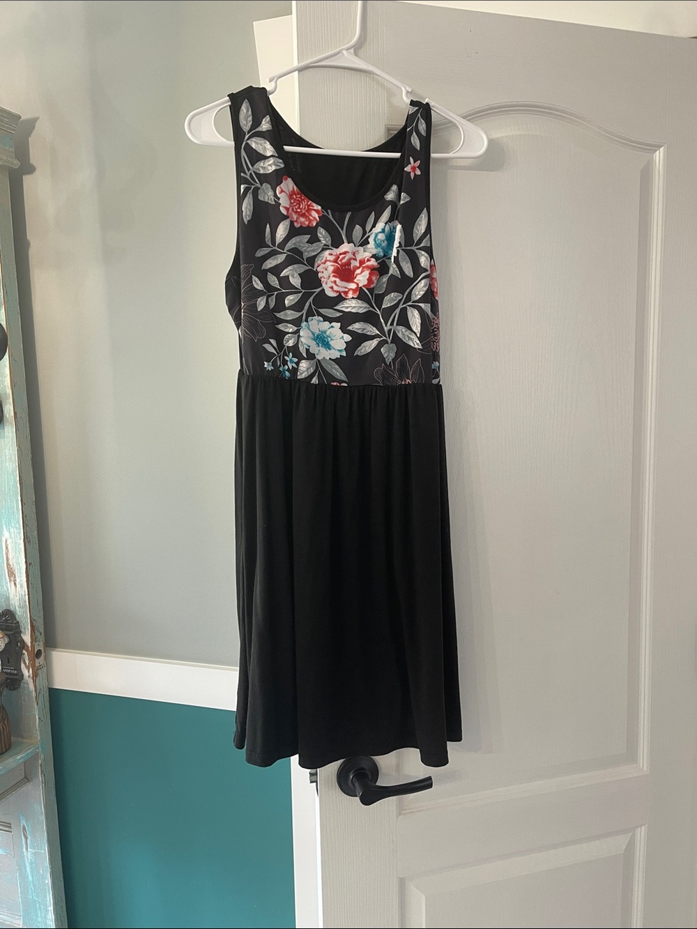 Black Floral Sleeveless Maxi Dress with Red & Teal Blooms